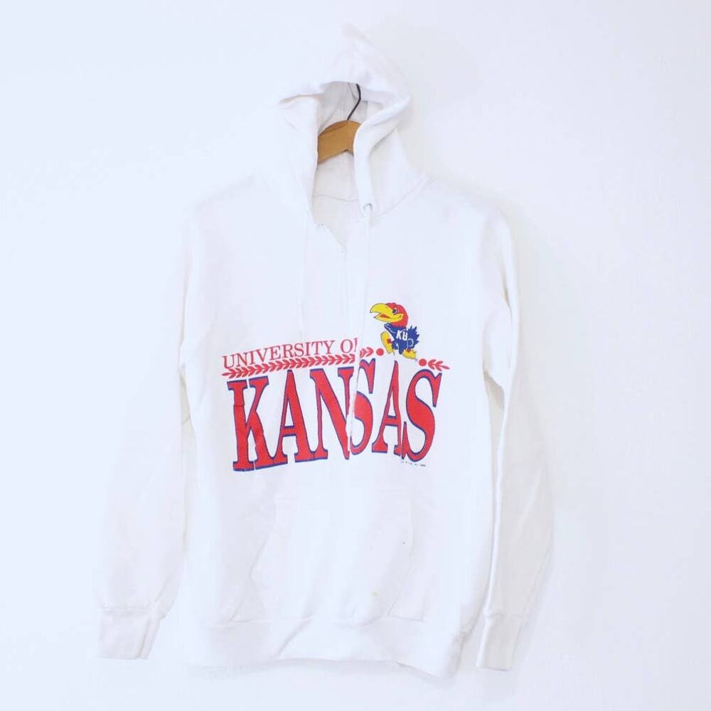 Vintage 80s Kansas Jayhawks White Hooded Sweatshirt Large